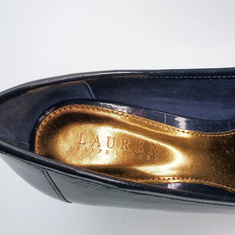 Lauren by Ralph Lauren Rory Navy Patent Leather Wedge Loafer Women Sz 8B Gold RL